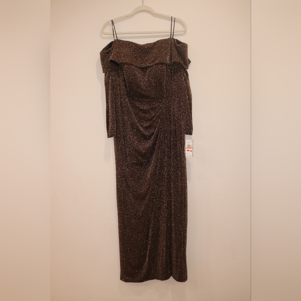 Alex Evenings Plus Size Off-the-Shoulder Side-Slit Glitter Dress - Black/Copper - Picture 2 of 12